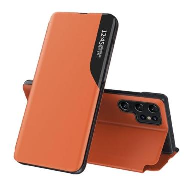 Imagem de Capa flip para Samsung Galaxy S25 Ultra/S25 Plus/S25, capa protetora de negócios com suporte transparente couro magnético fino (laranja, S25 Plus)