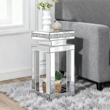 Imagem de Jesantab Mesa de canto espelhada prateada, mesas modernas com detalhes de diamante triturado, mesa de centro lateral pequena para sala de estar, quarto