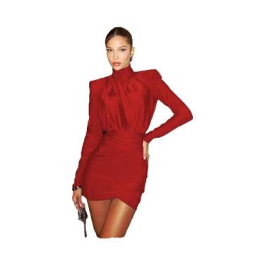 Imagem de Vestido Mini Elegante Com Gola Alta E Ombros Almofadados Para Mulheres