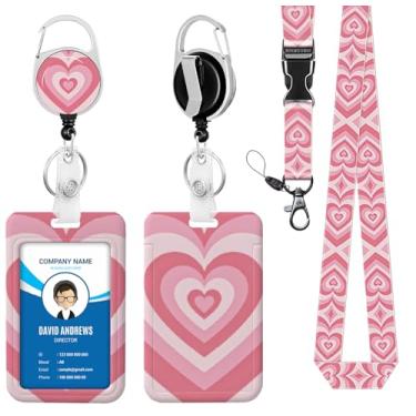 Imagem de Cordão para crachá de identidade, carretel de crachá, coração rosa para homens, mulheres, fofo, enfermeira, professor, nome, etiqueta, clipe retrátil, chaveiro resistente, trabalho, escritório