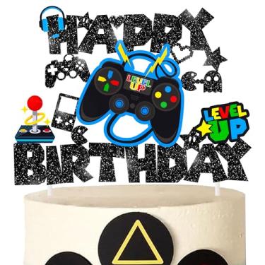 Imagem de Jogo de vídeo game Happy Birthday Cake Topper Glitter Game Controller decoração de bolo decoração de bolo de aniversário para controle de videogame temático crianças festa de aniversário suprimentos