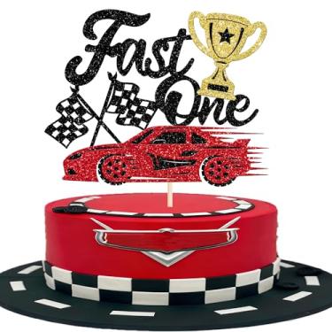 Imagem de 1 pacote Fast One Birthday Cake Topper Glitter vermelho carro troféu bandeira palheta de bolo para Let's Go Racing Tema meninos meninas crianças 1º aniversário decoração de bolo suprimentos