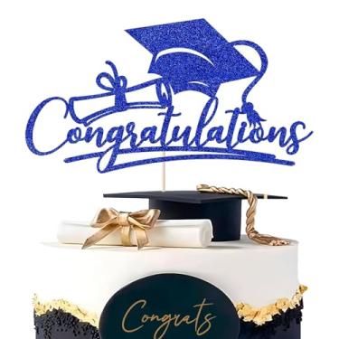 Imagem de Congratulations Cake Topper, Royal Blue Glitter Parabéns Grad Cake Topper com boné de formatura e diploma para celebração da festa de formatura de 2026