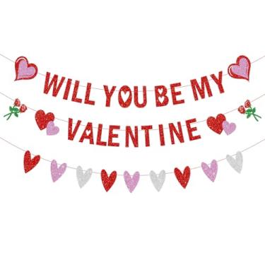 Imagem de Will You Be My Valentine Banner Pre-Strung Glitter Happy Valentines Day Heart Garland Banner Be My Girlfriend Placa de festa para namoro casamento aniversário noivados decorações de festa do dia dos