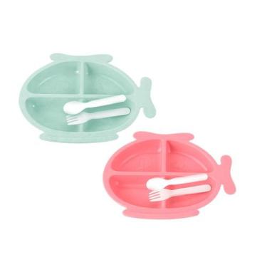 Imagem de Kit 2 Pratinho Infantil Formato E Talheres Escolar Passeio Crianças Pr