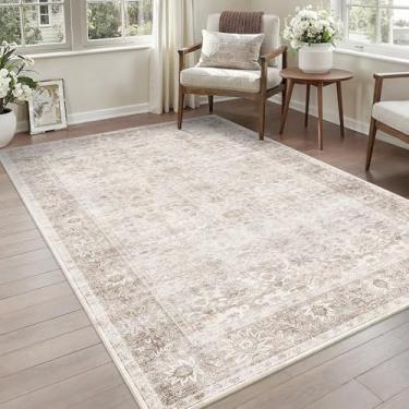 Imagem de Tapete lavável de 10 x 15 cm para sala de estar, quarto, antiderrapante, boho, vintage, envelhecido, tapete de entrada tradicional floral retrô para sala de jantar, banheiro, cozinha, bege neutro