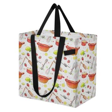 Imagem de SEHANY Sacolas de compras reutilizáveis de vegetais em aquarela com alças reforçadas, bolsa de compras de lona dobrável à prova d'água de grande capacidade para viagem, cozinha, praia