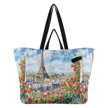 Imagem de SEHANY Sacola de compras reutilizável da Torre Eiffel de Paris com alças reforçadas, bolsa de compras de lona dobrável à prova d'água de grande capacidade para viagem, cozinha, praia