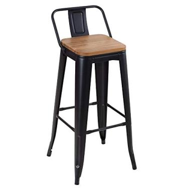 Imagem de Loft7, Banqueta alta Iron Tolix com encosto e assento de madeira rústica clara - Preto