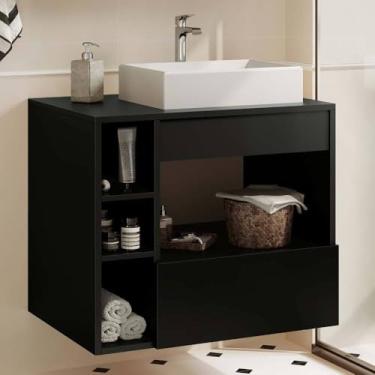 Imagem de Balcão Gabinete de Banheiro 78cm com Cuba de Mármore Sintético e Espelheira – 2 Portas Basculantes, Kit Completo para Organização Doméstica (Preto)