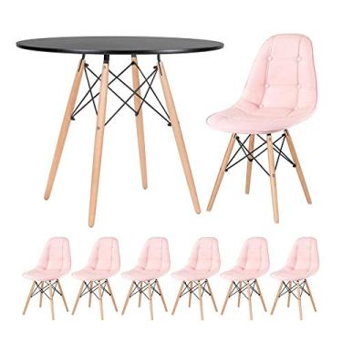 Imagem de Loft7, Kit Mesa Redonda Eames 90 cm Preto + 6 Cadeiras Eames Botonê, PU sintético, Aço e Madeira, Escritório, Sala de Estar e Sala de Jantar - Rosa Claro
