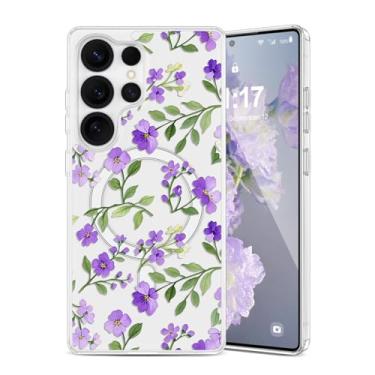 Imagem de EYZUTAK Capa magnética para Samsung Galaxy S25 Ultra com flores compatível com MagSafe, bonita floral elegante estética capa protetora transparente antiamarelamento para meninas e mulheres - roxo