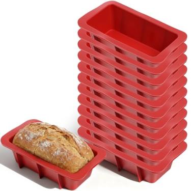 Imagem de MAQUITA Pacote com 12 mini formas de pão de silicone para assar, conjunto de formas de pão de silicone pequenas, formas retangulares antiaderentes para forno, pão, bolo, fácil liberação (vermelho)