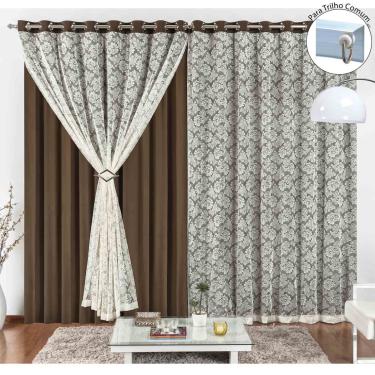 Imagem de Cortina Yasmin 4,00m x 2,50m Tabaco Trilho Comum Tecido Malha Com Renda Floral