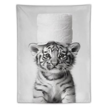 Imagem de Tapeçaria de chapéu de papel higiênico bebê tigre preto e branco impressão artística para quarto sala de estar dormitório decoração de casa com design de animal selvagem fofo Tapeçaria 152 x 203 cm