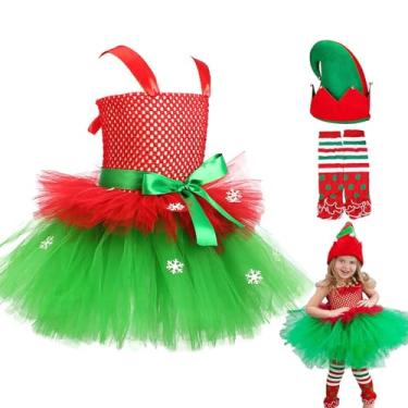 Imagem de Vestido de Natal para meninas | Roupa de Natal com chapéu e meias – Vestido de tule sem mangas para dramatização de festas de inverno