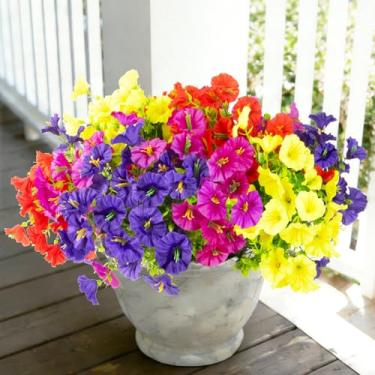 Imagem de BSGlobal 12 pacotes de flores artificiais para decoração ao ar livre, flores de seda falsa de eucalipto resistentes a UV para casa, jardim, varanda, quintal, varanda (misto)