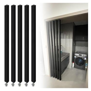 Imagem de Divisória de sala de ripas de madeira preta ajustável - Pacote com 5 colunas ocas para lavanderia, banheiro, sala de estar, restaurante, poste de divisória elegante para hall de entrada e lobby