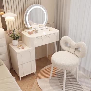 Imagem de Conjunto de mesa de maquiagem com espelho e cadeira de LED inteligente, penteadeira moderna para espaços pequenos, perfeito para organização e estilo de quarto