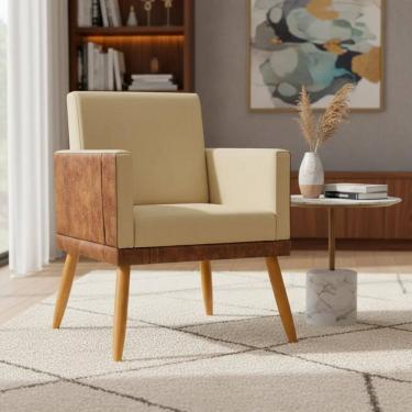 Imagem de Poltrona Decorativa Para Sala Recepção Escritório Consultório Lis Corino Peroba e Suede