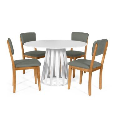 Imagem de Mesa De Jantar Redonda Gabi Branca Com 4 Cadeiras Estofadas Ella Cinza