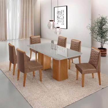Imagem de Mesa De Jantar Eloise Tampo MDF Vidro Com 6 Cadeiras Moderna Tork Off White Naturale