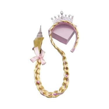 Imagem de Peruca De Princesa Elsa Frozen Com Trança Azul E Rosa, Tiara De Floco 