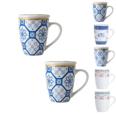 Imagem de Kit 2 caneca porcelana branca tampa filtro xicara infusor para cha cor