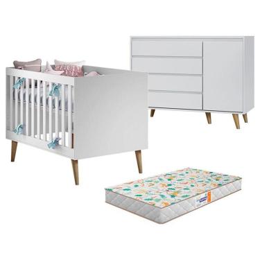Imagem de Berço Americano Ludmila E Cômoda Gran Lorena Branco Acetinado Bétula Com Colchão Gazin - Carolina Baby