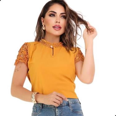 Imagem de Blusa Social Evangélica Feminina Renda Gola Pedrinhas - Look Modas Oct