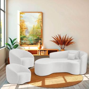 Imagem de Kit Recamier Curvo Sala De Estar Inglaterra 200cm Lado Esquerdo E 2 Poltronas Orgânica Luxo Amore Bouclé Branco