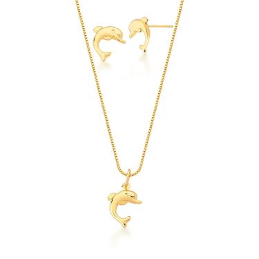 Imagem de Brinco e Corrente Infantil com Pingente de Golfinho Banhado a Ouro