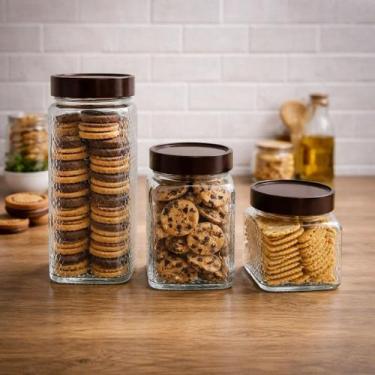 Imagem de Conjunto 3 Potes Vidro Hermético Marrom Tampa Conservação Mantimentos 