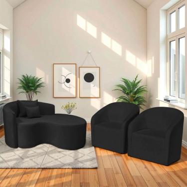 Imagem de Kit Recamier Curvo Sala De Estar 150cm Lado Direito E 2 Poltronas Orgânica Luiza Max Bouclé Preto