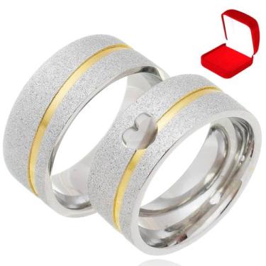 Imagem de Par Alianças Prata 950 com Fio de Ouro e Coração Vazado 8mm Anatômica 