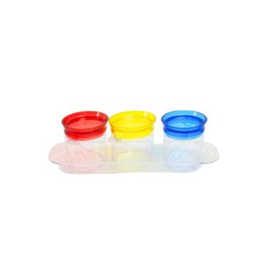 Imagem de Porta condimento de plástico com 3 peças com tampas coloridas e colher