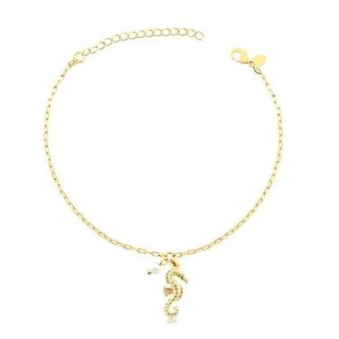Imagem de Tornozeleira Cavalo Marinho Com Pérola Folheada A Ouro - Radhau Joias,