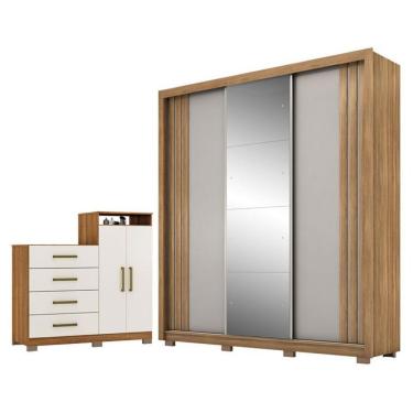 Imagem de Guarda Roupa Casal Moema Amêndola Nude Flex Com Espelho E Pés E Cômoda Sapateira Aurea...