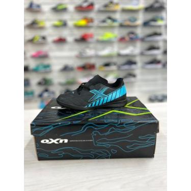 Imagem de Chuteira OXN track 2 Indoor PRO PVC Infantil - Preto/Ciano, 29