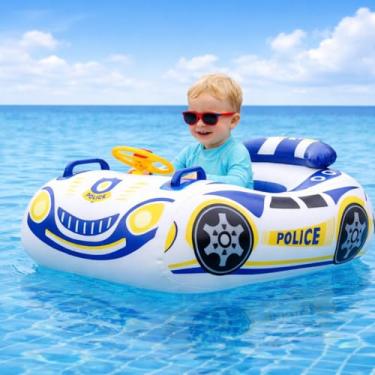 Imagem de Boia de piscina infantil com volante, boia de piscina para bebês com assento e encosto, carro de polícia inflável de PVC grosso, boia de natação para crianças de 12 a 24 meses, idade de 2 a 3 anos, +