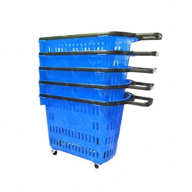 Imagem de Kit 5 Cestos de Compras com Rodízios D300 30L Azul Grande com Puxador Della Plast