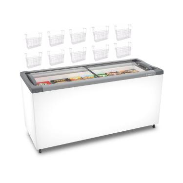 Imagem de Kit Freezer Horizontal Metalfrio 404L Porta de Vidro NF55 Branco com 10 Cestos Nextgen 220V