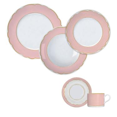 Imagem de Aparelho de Jantar Royal Rosé 30 Peças Porcelana Retrô-Vintage para Uso Diário Branco e Germer Porcelanas