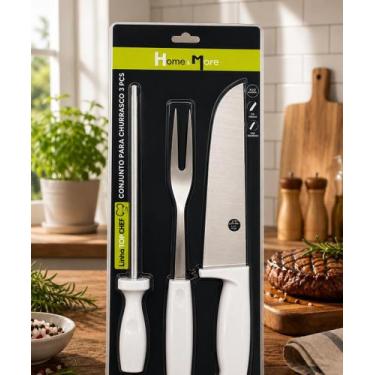 Imagem de Kit De Churrasco 3 Peças Faca Garfo Chaira Inox Linha Topchef - HM Hom