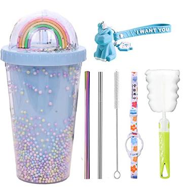 Imagem de Copo de viagem arco-íris com canudo copo de festa copo de gelo para piquenique congelador caneca gelada (azul arco-íris, 550 ml)