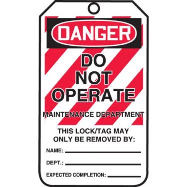 Imagem de Accuform Signs MLT401CTP Etiqueta de bloqueio, Legend"Danger Do Not Operate Maintenance Department", 14,6 cm de comprimento x 8,25 cm de largura x 0,01 cm de espessura, PF-Cardstock, vermelho/preto sobre branco (pacote com 25)