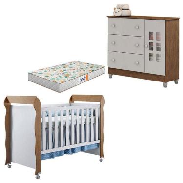 Imagem de Berço Mirelle e Cômoda Mariah Branco Acetinado Amadeirado com Colchão Gazin - Carolina