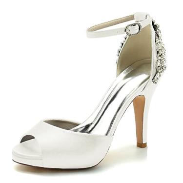 Imagem de Sapatos de noiva stiletto sapatos femininos de cetim salto alto marfim peep toe sapatos com strass 36-42,Ivory,6 UK/39 EU