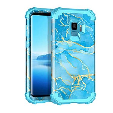 Imagem de Casetego Capa para Galaxy S9, capa protetora resistente à prova de choque de 3 camadas de policarbonato rígido + bumper de silicone macio resistente e antiderrapante para Samsung Galaxy S9, mármore azul