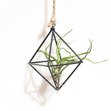 Imagem de Yajun Suporte de planta de ar de metal vintage independente pendurado geométrico flor plantador de plantas de arte moderna recipiente para decoração de casa 2 peças, preto, 6 * 6 * 9 cm